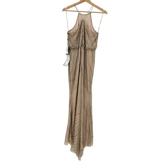 NEW Adrianna Papell Halter Beaded Blouson Goem Maxi Dress Sz 8P Taupe Pink Wavy - Picture 4 of 9